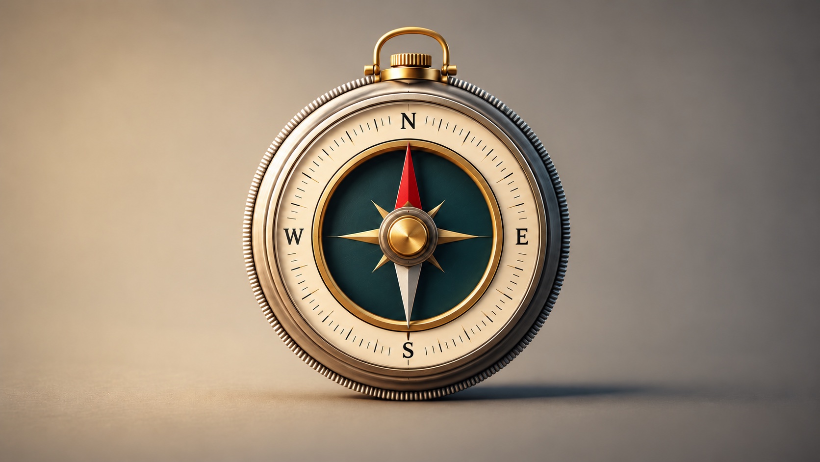 A silver and brass compass on a warm neutral background