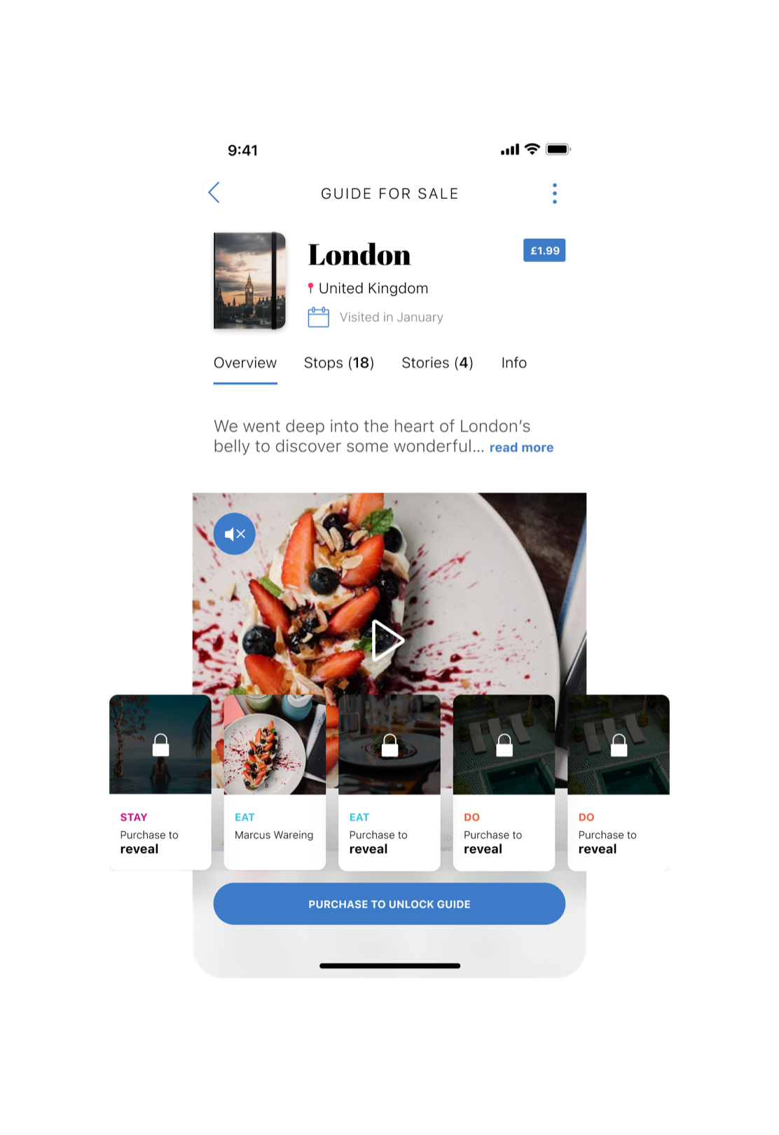 Seekers guide screen showing a video with linked stay, eat and activity cards, including locked details available to guide buyers.